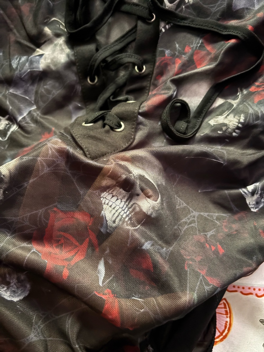Killstar Black & Red Skull Rose Lace-Up Mesh Bodysuit - Picture 9 of 9